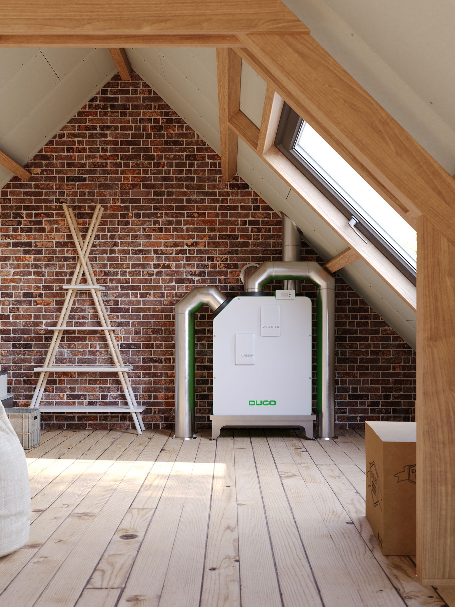 Een DucoBox Energy Premium-ventilatiesysteem in een zolderslaapkamer, als voorbeeld van een ventilatieoplossing om de binnenluchtkwaliteit te verbeteren en schimmelrisico’s te verlagen.