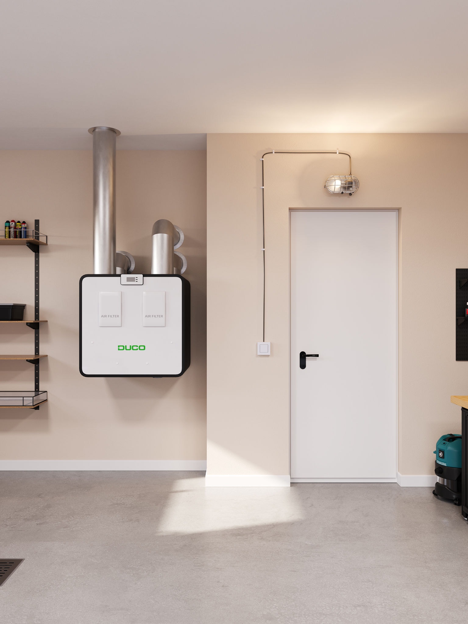 Een DucoBox Energy Premium-ventilatiesysteem in een woonruimte toont aan dat woningventilatie een oplossing is om de luchtcirculatie te verbeteren en de luchtvochtigheid te verlagen.