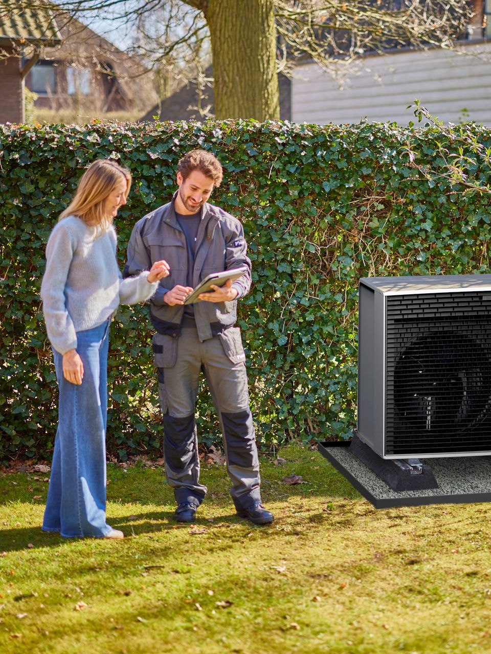 Installateur expliquant les commandes d’une pompe à chaleur à un propriétaire après son installation dans le jardin